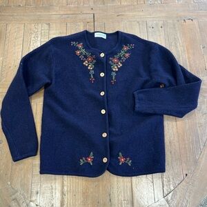 Vintage Jumper Wool Cardigan Sweater Women’s Large Floral Embroidered Grandma